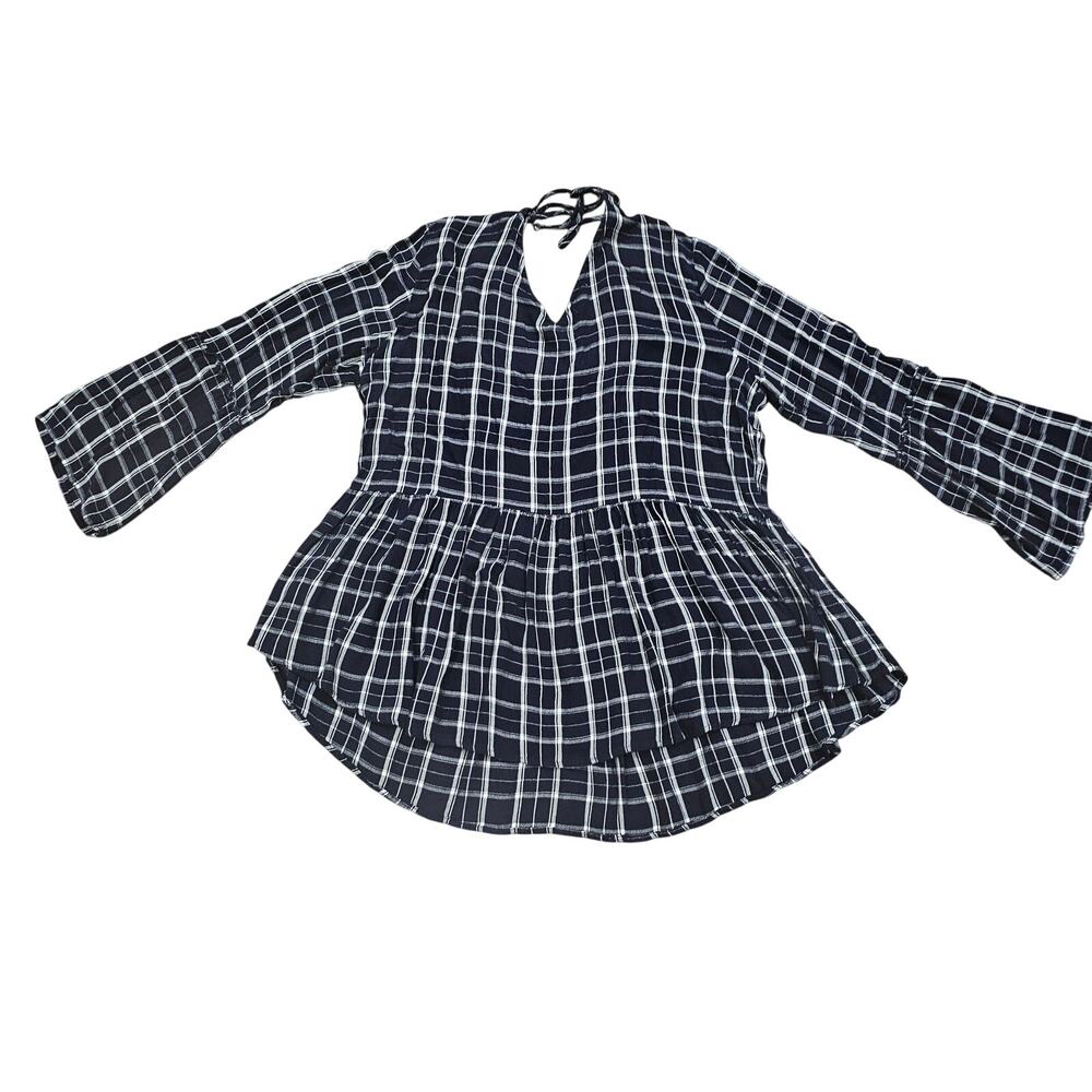 Maurices BOHO Top Womens Size XL Blue White Plaid Bell Sleeve Peplum Casual